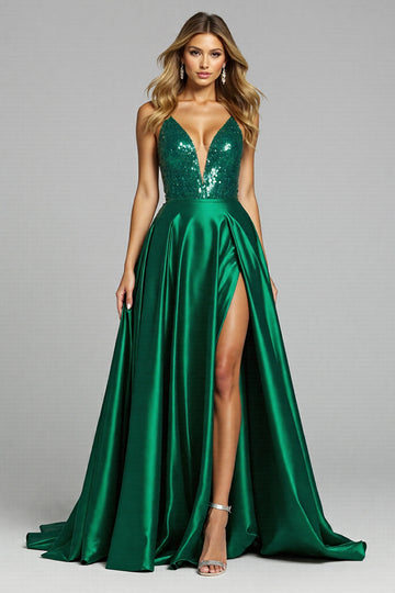 Sparkly Dark Green A Line Prom Dress With Slit